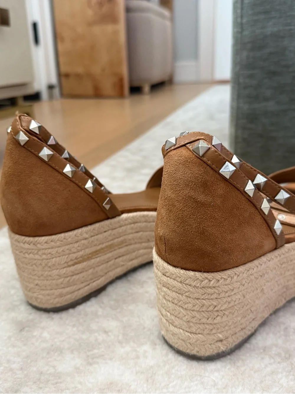 Marc Fisher Tan Suede Studded Espadrille Wedge Sandals